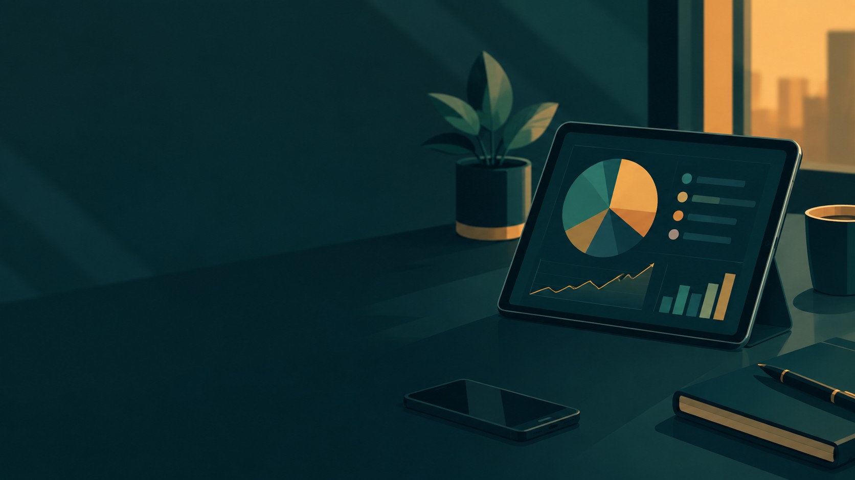 Tablet showing a diversified portfolio pie chart on a clean desk