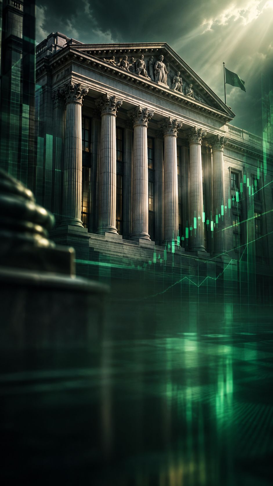 Classical central bank building facade with subtle financial chart overlays