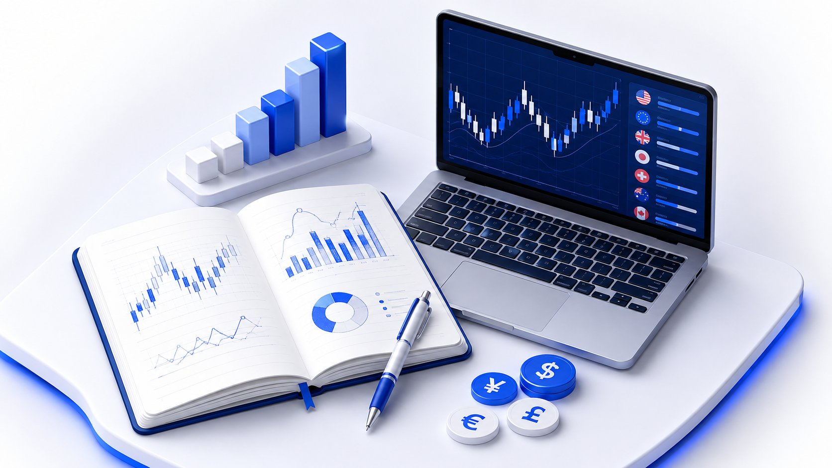 Open notebook with chart sketches beside a laptop showing currency pairs