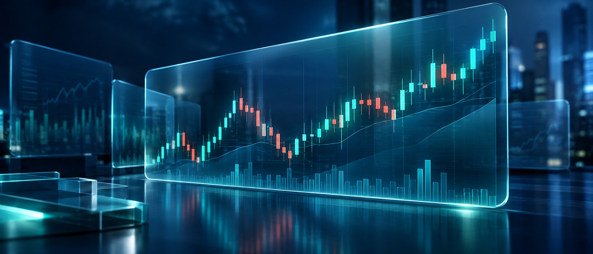 Large glowing forex candlestick chart with rising and falling candles