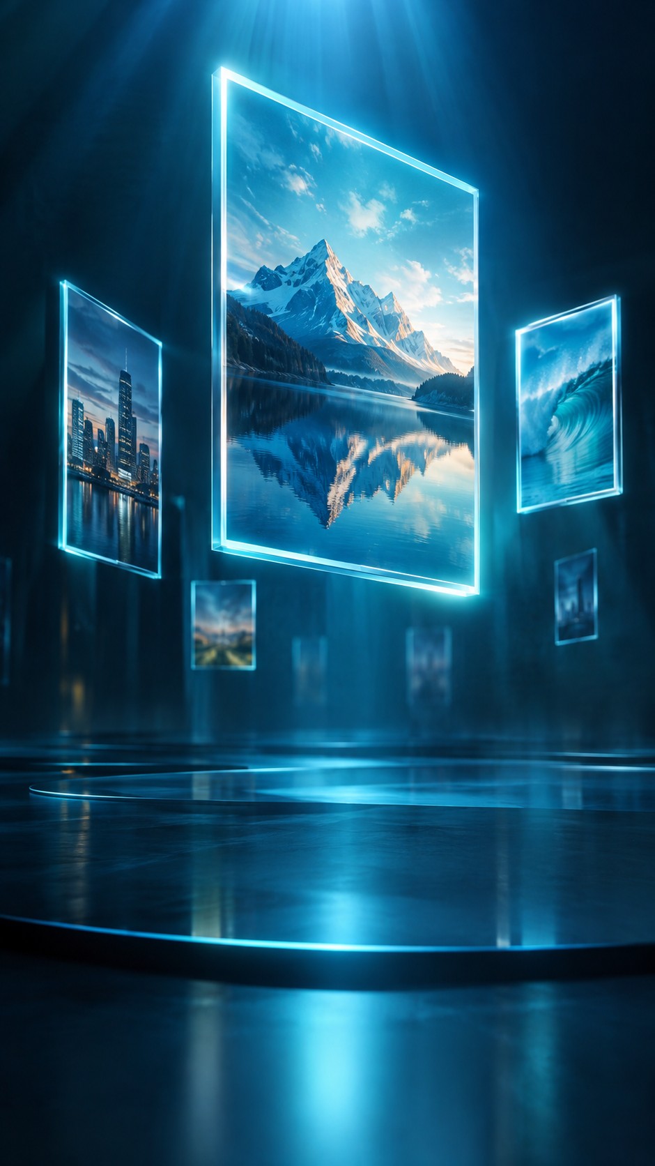 Floating digital art frames made of light in a virtual gallery