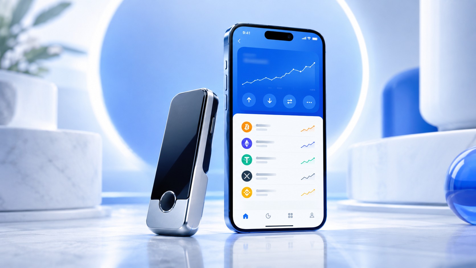 Sleek hardware crypto wallet device next to a smartphone wallet app
