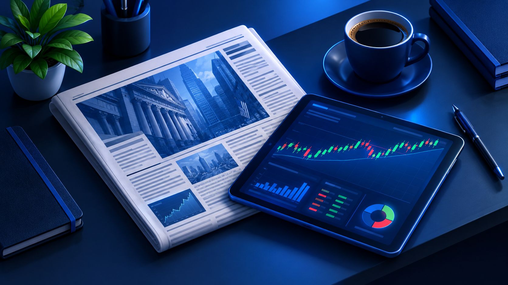 Financial newspaper tablet with charts and coffee on a desk